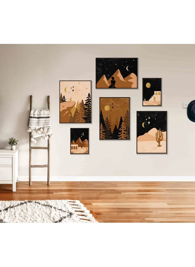 LOWHA Set of 6 Pieces Mountains and Plants Abstract Painting Posters with Black Frames Multiple Sizes Wall Arts