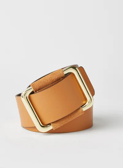 PIECES Square Buckle Leather Belt Cognac