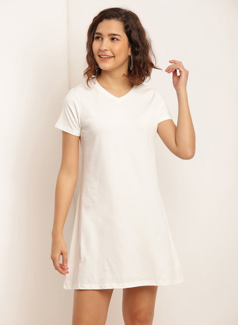 Solid Design A-Line Midi Dress Off White