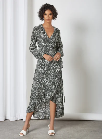 Jacqueline de Yong Ruffle Trim Wrap Dress Black Floral