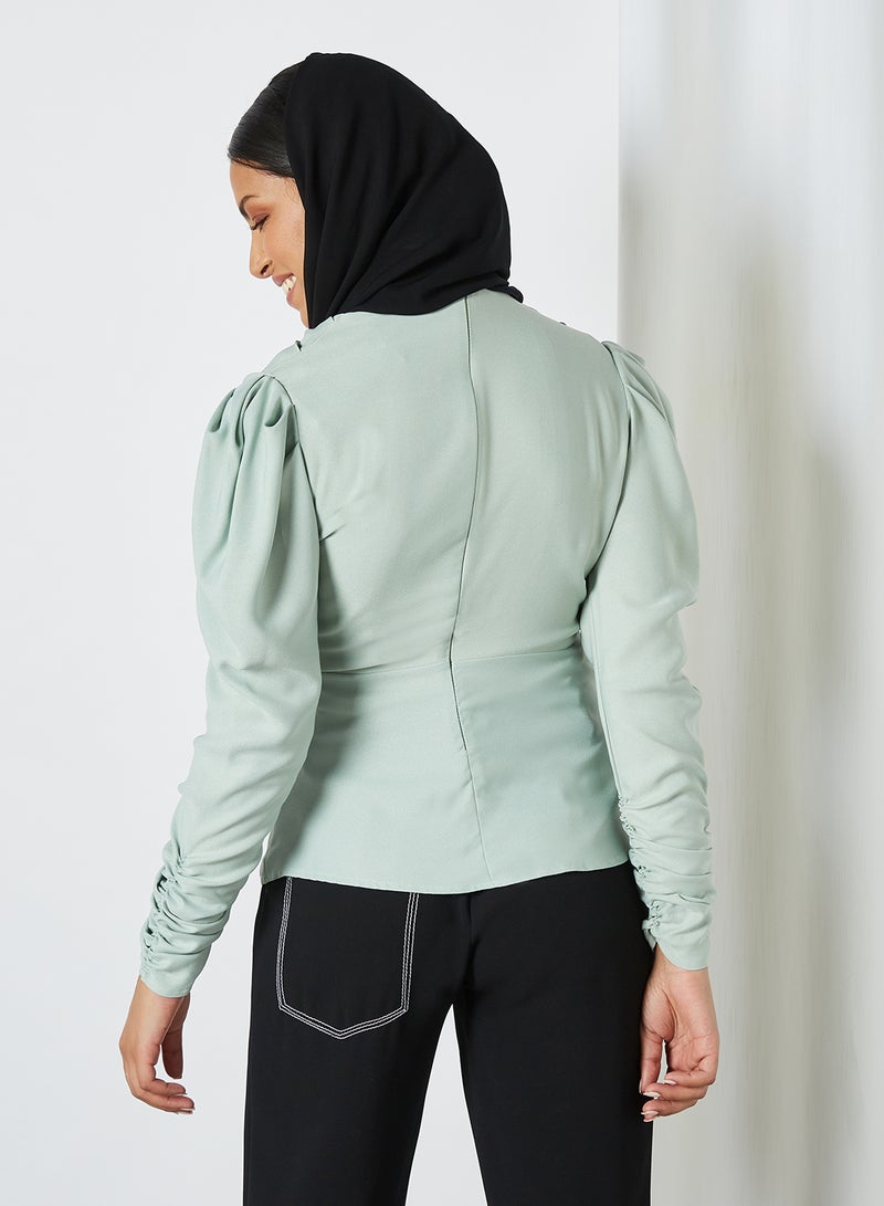 SIVVI for HANIYA Ruched Sleeve High Neck Blouse Mint  - Image 2