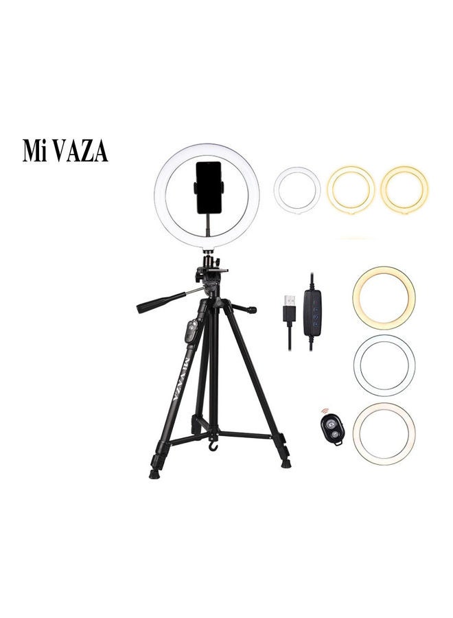 حلقة إضاءة LED قابلة للتعتيم مقاس 10 بوصة مع حامل ثلاثي القوائم أسود - Image 1