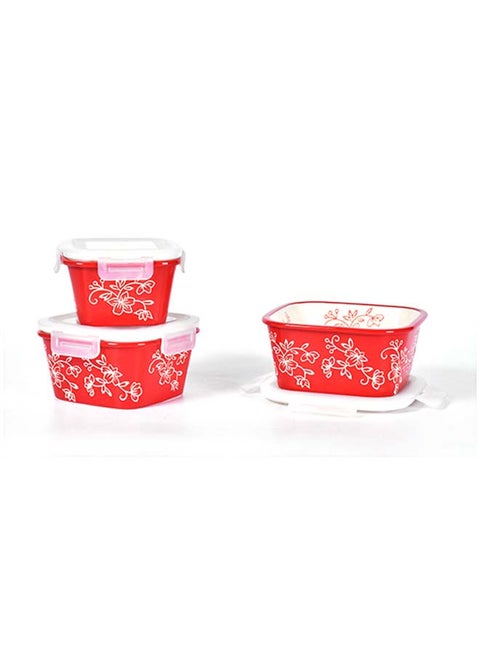 3-Piece Floral Lace Nesting Square Ceramic Containers With Lid Red