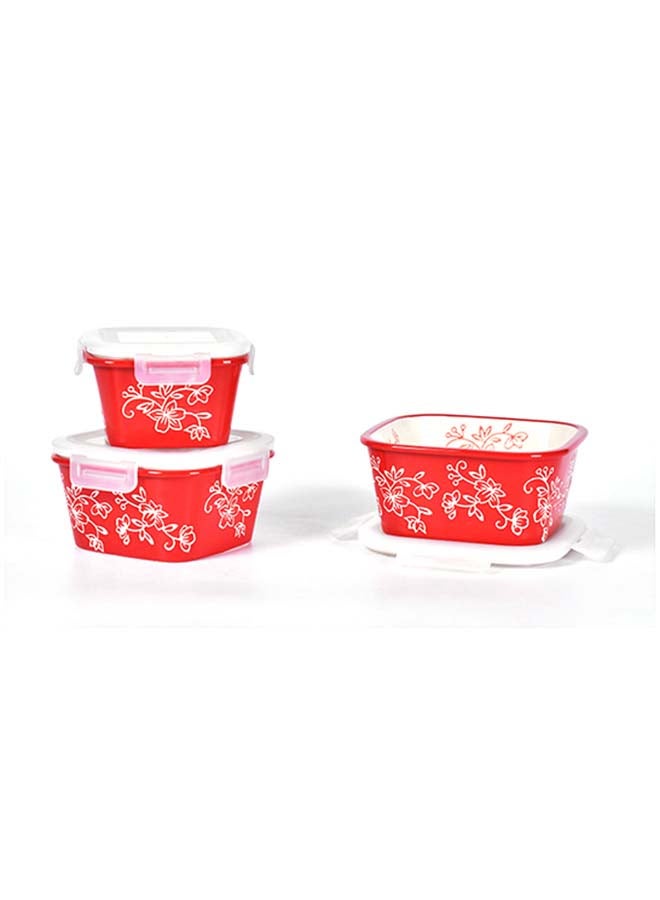 Temp-tations - 3-Piece Floral Lace Nesting Square Ceramic Containers With Lid Red - Image 1