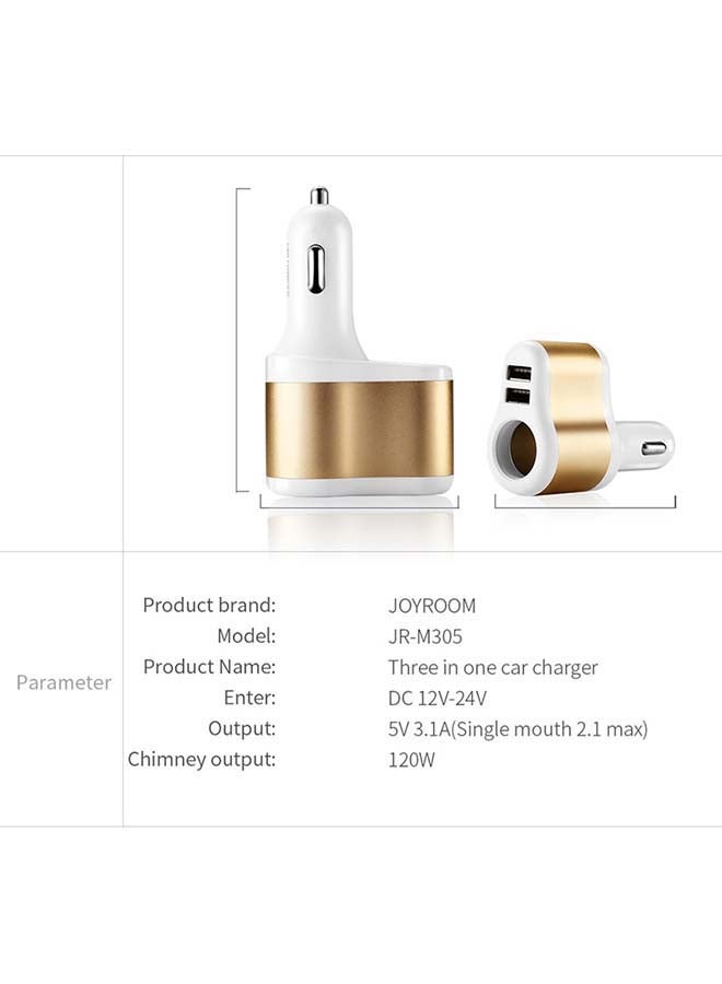 JOYROOM 3 in 1 USB Port Quick Charger And 120W Car Cigarette Lighter White & Gold - Image 3
