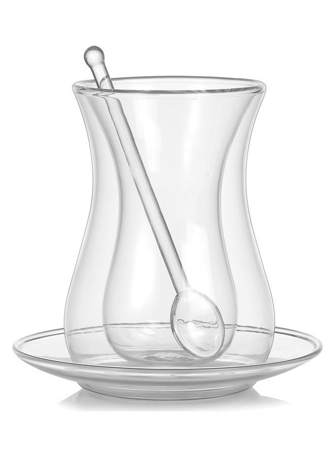 Double Glass Cup With Dish And Spoon Clear 7x11.5x5.8cm