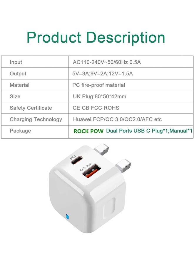 Rock Pow - 20W Type C PD 3.0 Power Adapter Plug UK With Lead White - Image 1