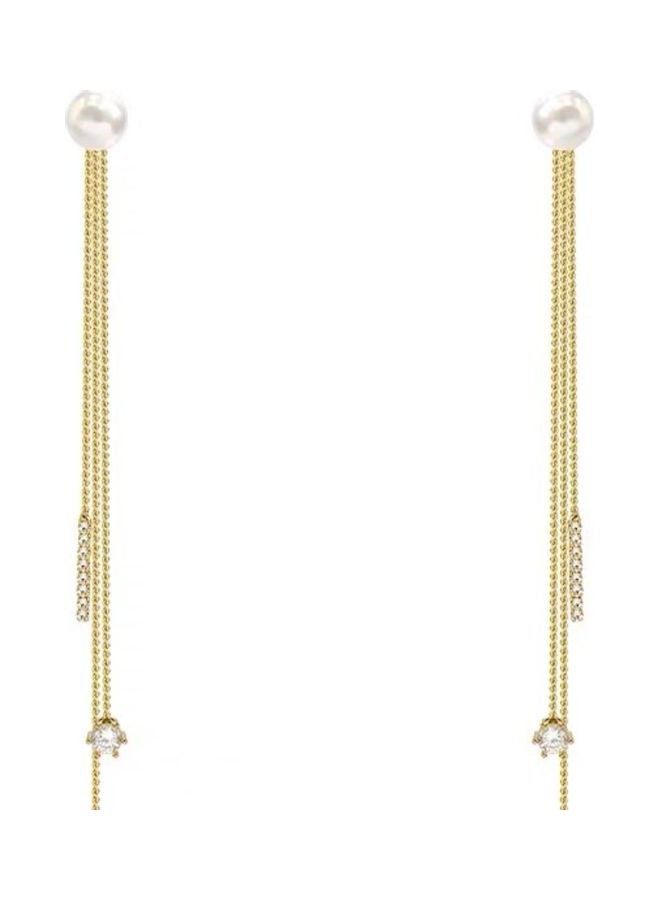 J&J - 925 Silver Needle Long Tassel Small Diamond Pearl Earrings - Image 1