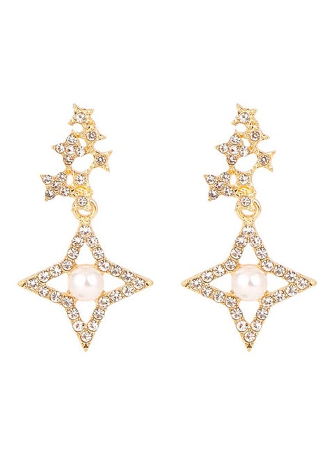 Needle Quadrangle Diamond Studded Pearl Earrings