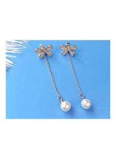 925 Silver Needle Rhinestone Bowknot Pearl Tassel Long Earrings