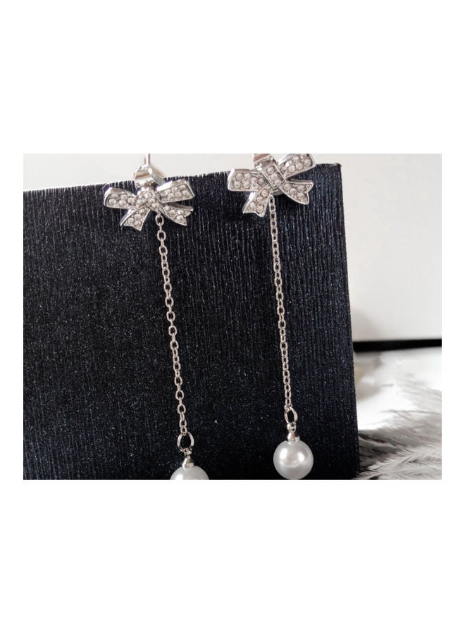 J&J - 925 Silver Needle Rhinestone Bowknot Pearl Tassel Long Earrings - Image 1
