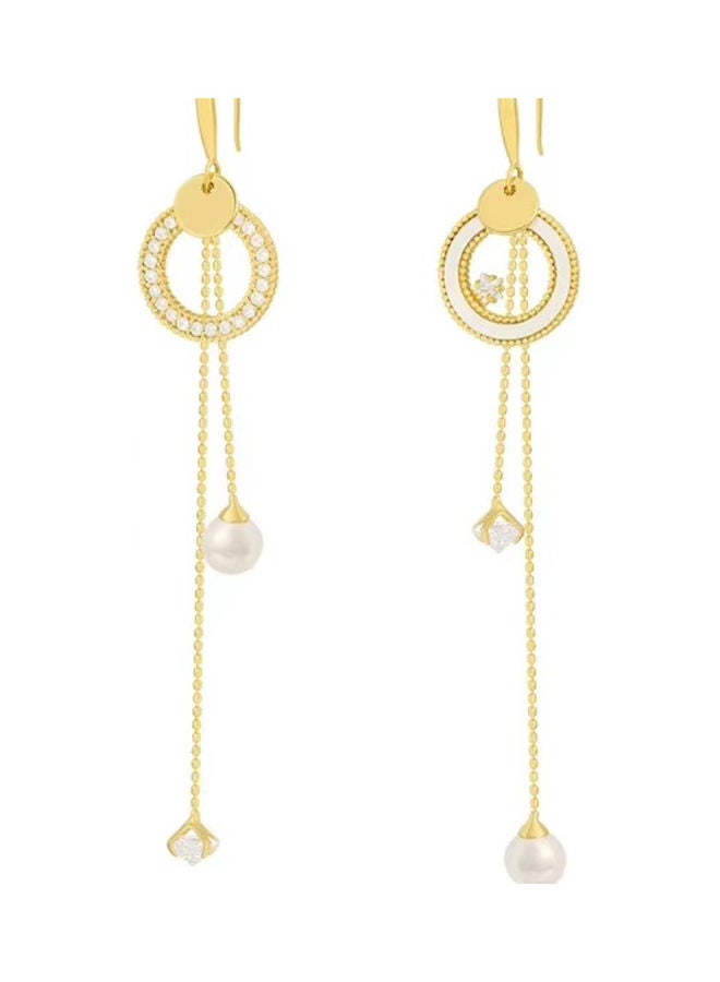 J&J Circle Pearl Tassel Long Earrings Gold  - Image 1