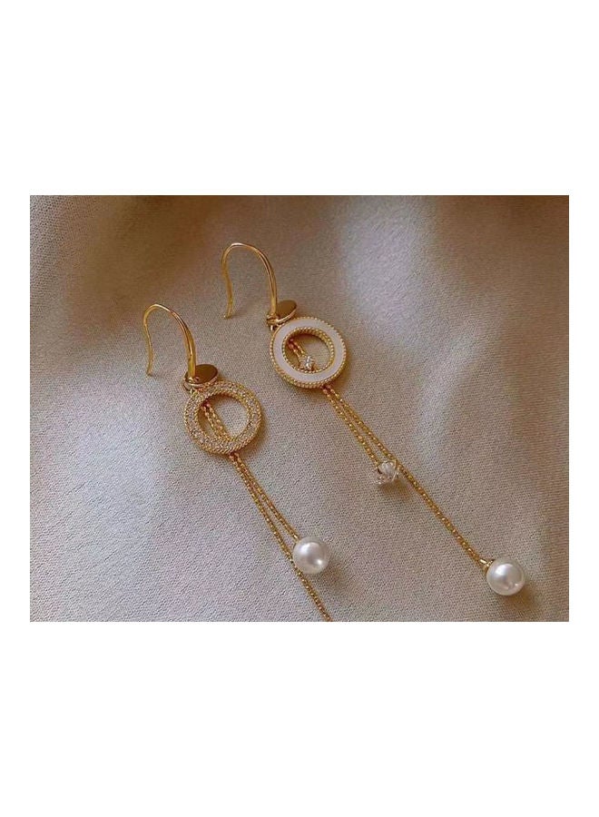 J&J Circle Pearl Tassel Long Earrings Gold  - Image 2