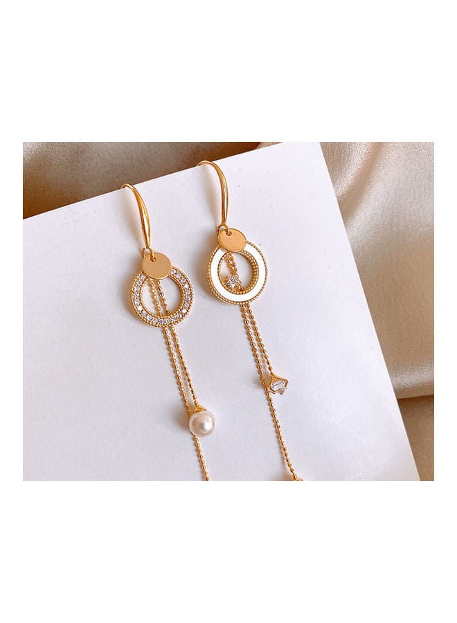 J&J Circle Pearl Tassel Long Earrings Gold  - Image 4