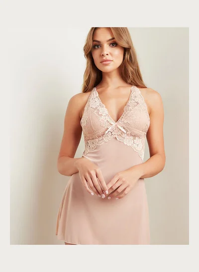 Closet By Styli Lace and Mesh Bow Babydoll with Crossback Detail Slip Nude