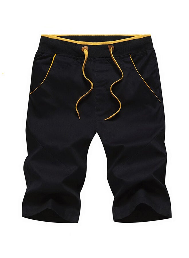 Solid Color Pocket Drawstring Pants Black 