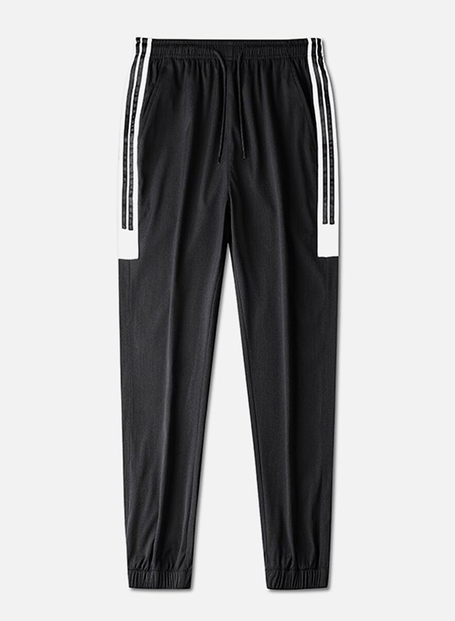 High Waist Striped Solid Drawstring Trousers Black