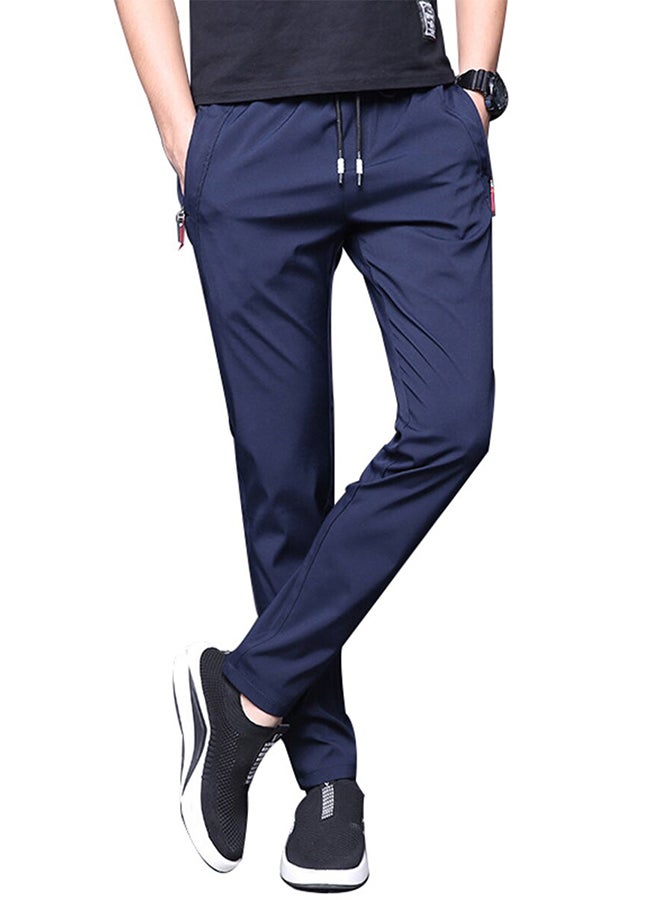 Solid Color Drawstring Waist Pockets Elastic Comfy Pants Navy Blue 