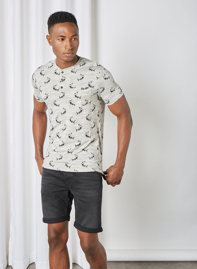 BRAVE SOUL Printed T-Shirt Ecru Marl/Light Grey/Charcoal - Image 1