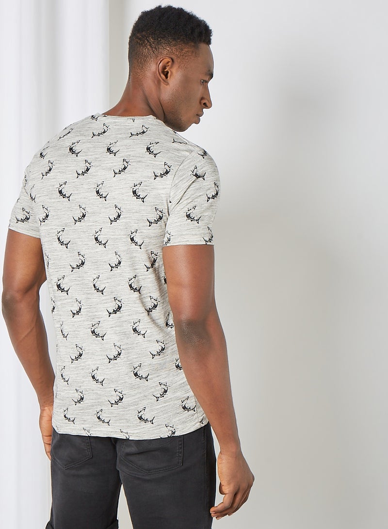 BRAVE SOUL Printed T-Shirt Ecru Marl/Light Grey/Charcoal - Image 4