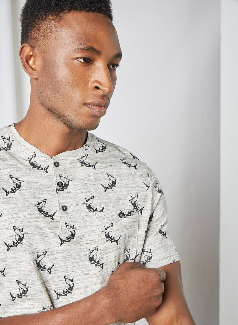 BRAVE SOUL Printed T-Shirt Ecru Marl/Light Grey/Charcoal - Image 3