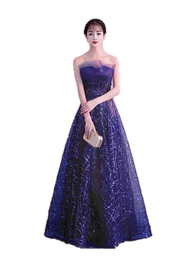 يوتيكس فستان سهرة طويل لامع بدون حمالات أزرق كحلي