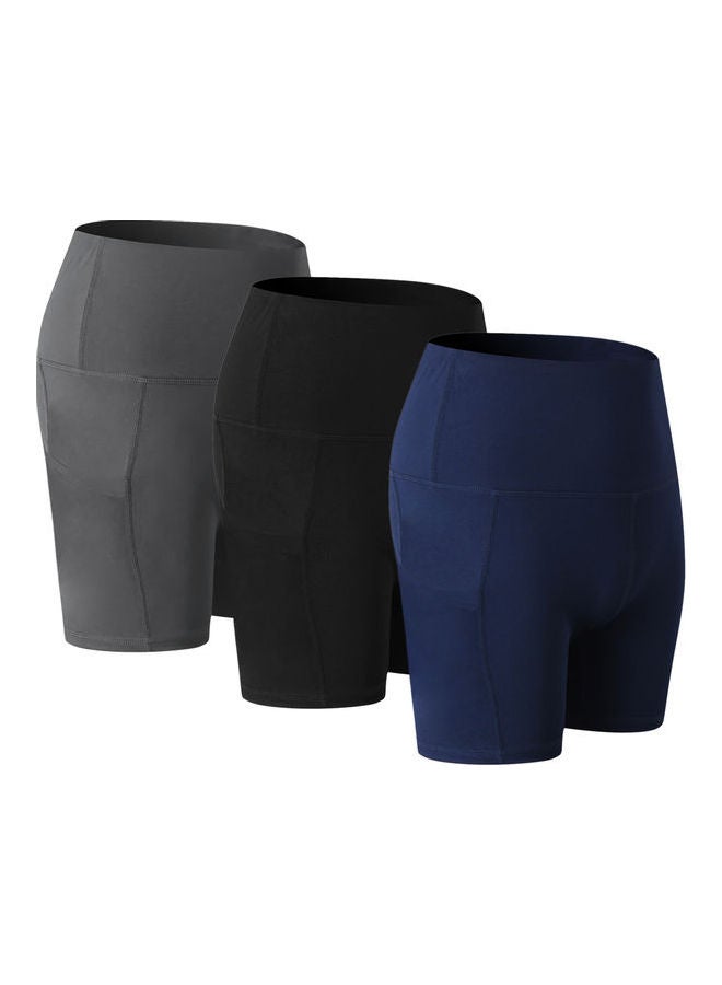 3 Pack High Waist Athletic Workout Yoga Shorts Blue/Black/Grey  - Image 1