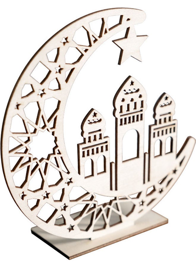 Ramadan Mubarak Eid Decorations Wooden Moon Lights Table Top Ornaments Yellow 15cm - Image 1