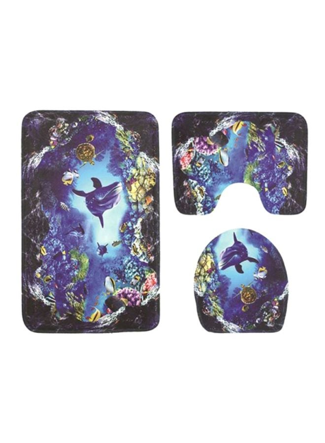 Sharpdo 3-Piece Carpet Bath Mat Set Blue/White/Green Pedestal Rug (45x40), Toilet Lid Cover (42x37), Bath Mat (75x45x1)cm