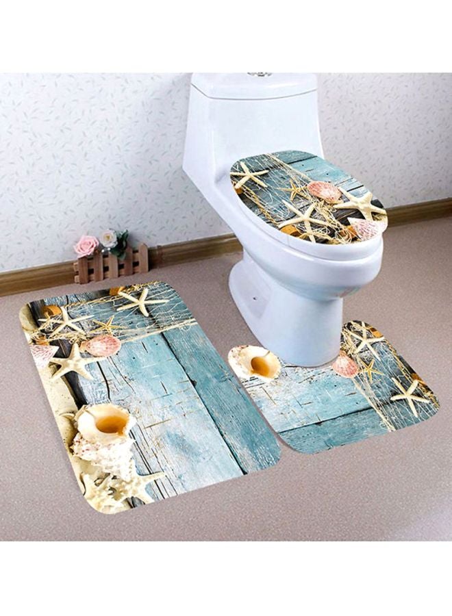Voberry 3-Piece Bathroom Non-Slip Pedestal Rug + Lid Toilet Cover + Bath Mat Set Blue/Cream - Image 2
