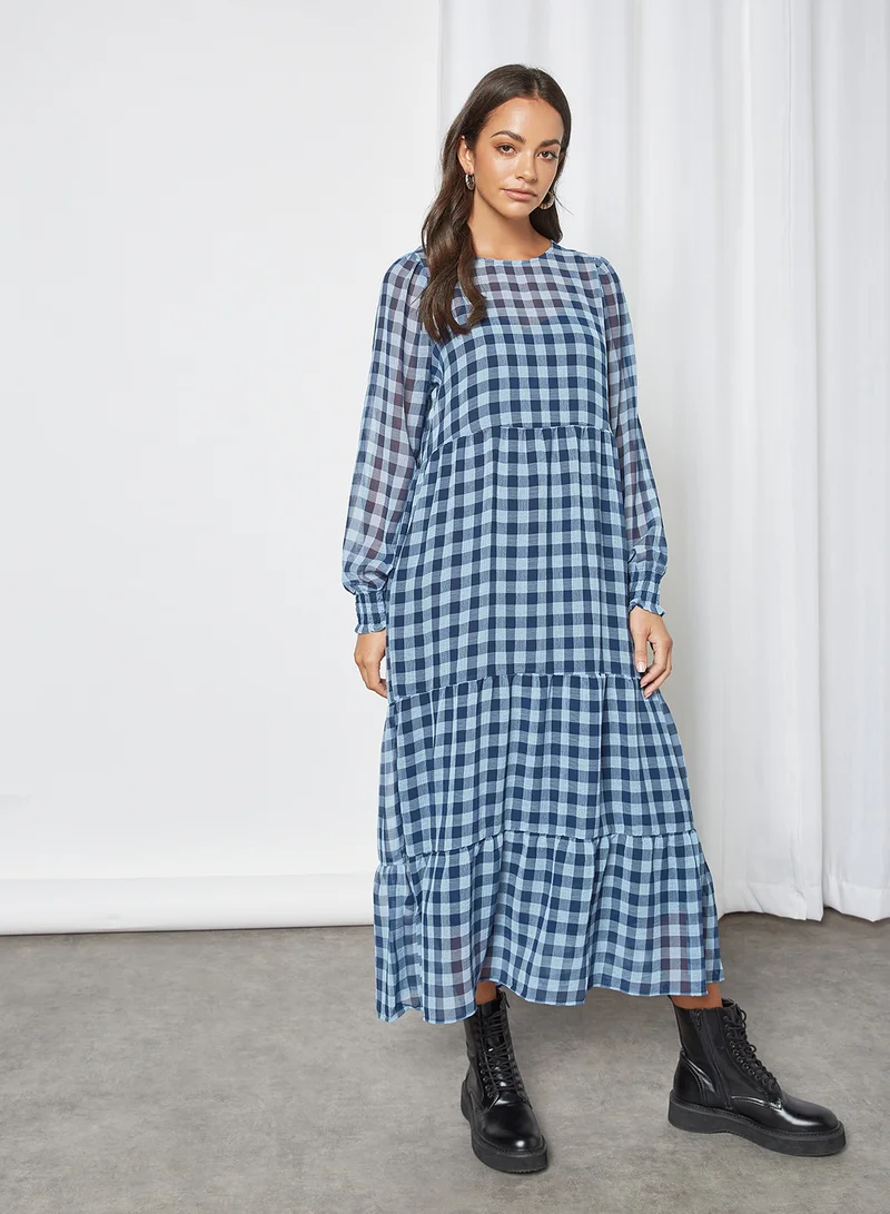 ONLY Checked Long Sleeve Midi Dress