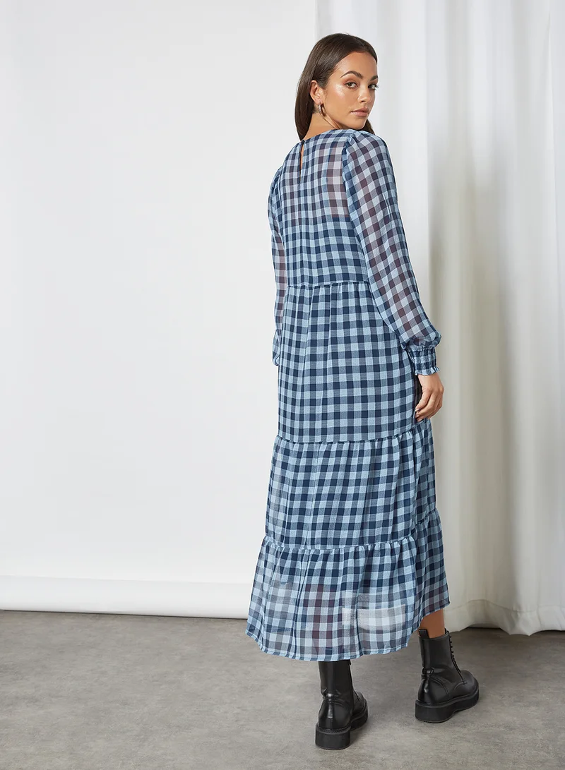 ONLY Checked Long Sleeve Midi Dress
