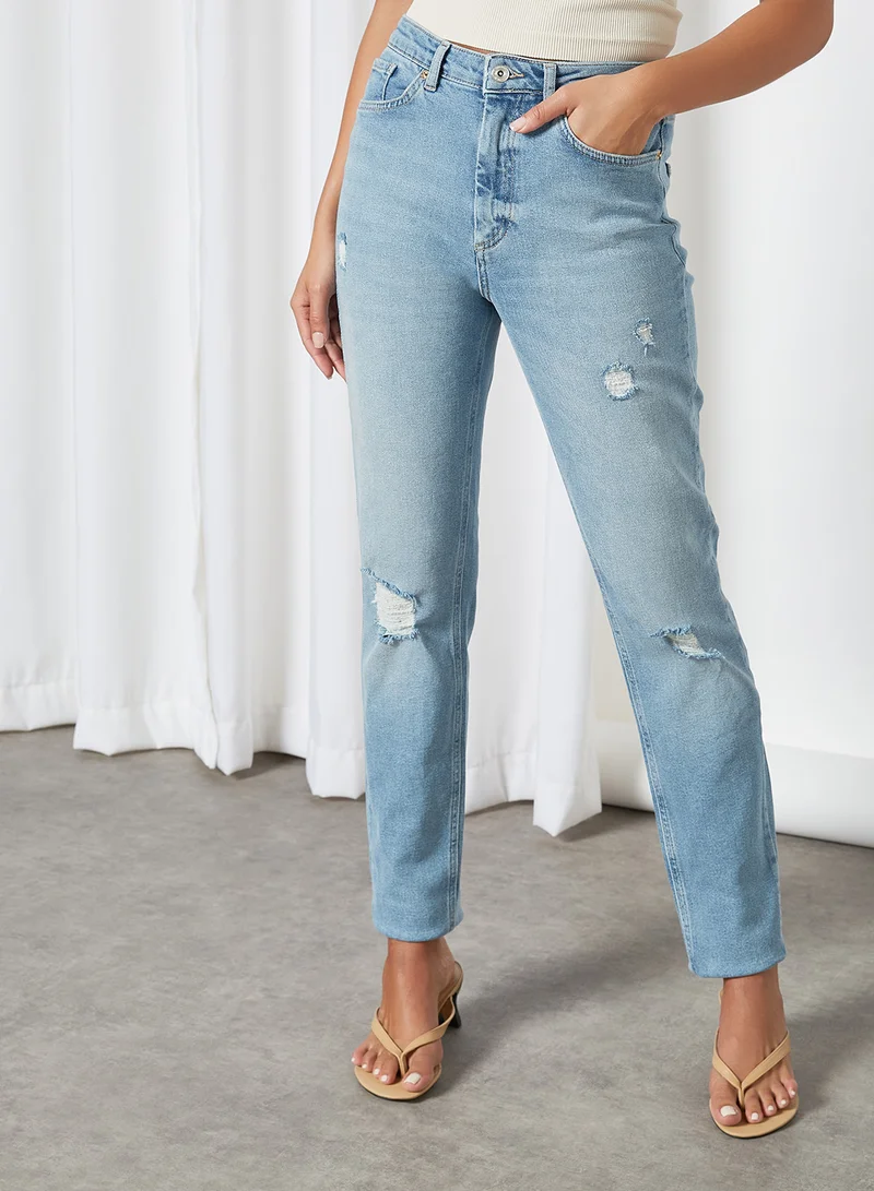 ONLY Ripped Mom Jeans Medium Grey Denim