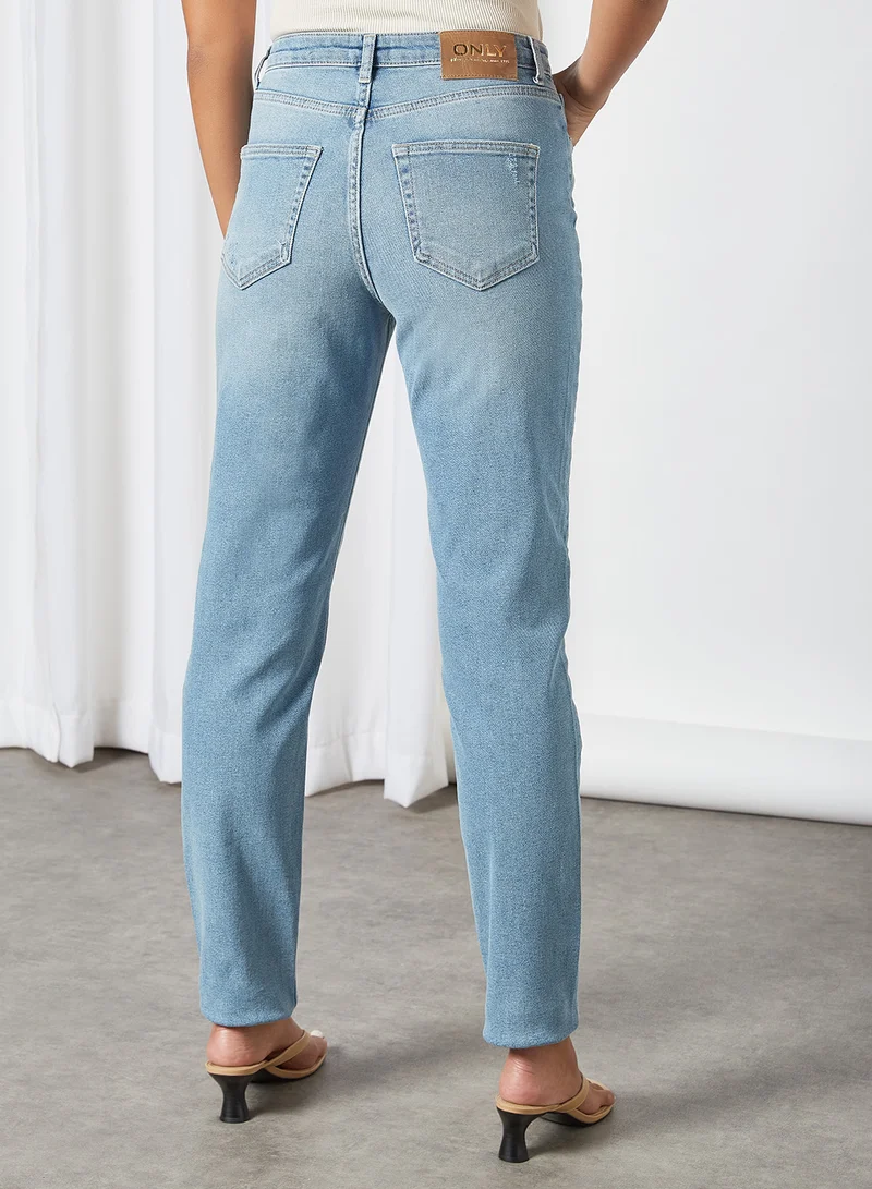 ONLY Ripped Mom Jeans Medium Grey Denim