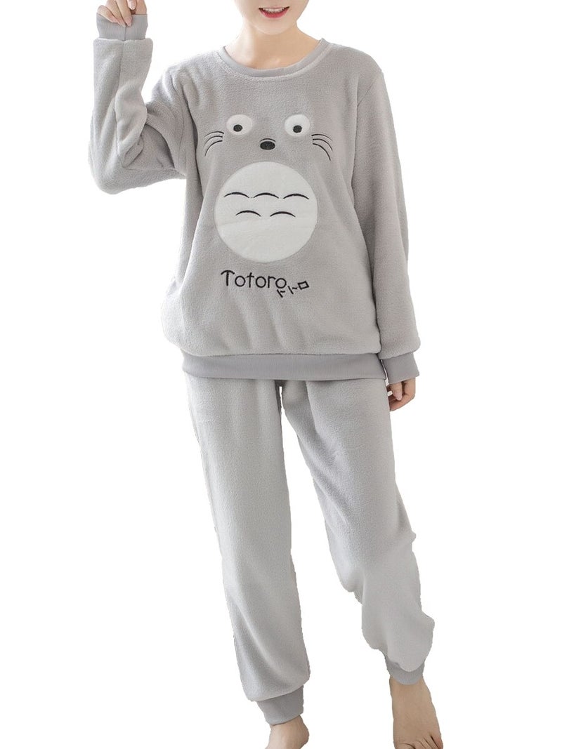 Women's Pajama Set Sweet O Neck Long Sleeve Cute Cartoon Pattern Thicken Home Suit Grey  - Image 1