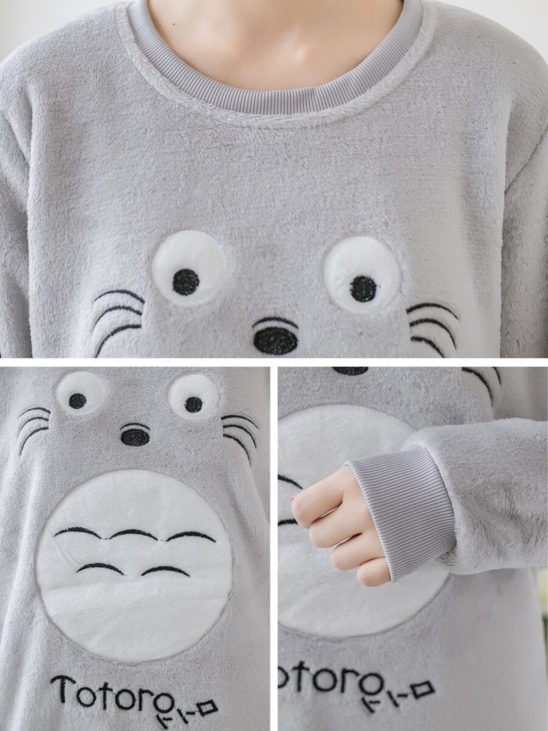 Women's Pajama Set Sweet O Neck Long Sleeve Cute Cartoon Pattern Thicken Home Suit Grey  - Image 5