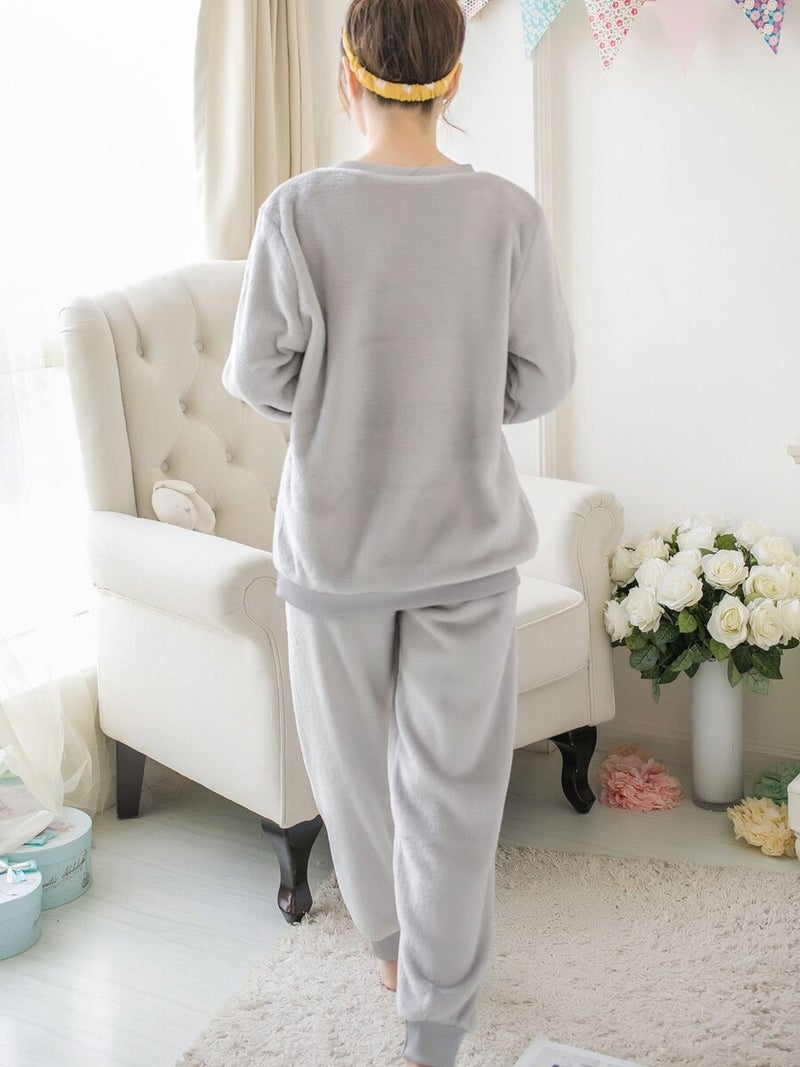 Women's Pajama Set Sweet O Neck Long Sleeve Cute Cartoon Pattern Thicken Home Suit Grey  - Image 3