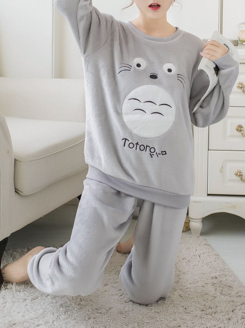 Women's Pajama Set Sweet O Neck Long Sleeve Cute Cartoon Pattern Thicken Home Suit Grey  - Image 4
