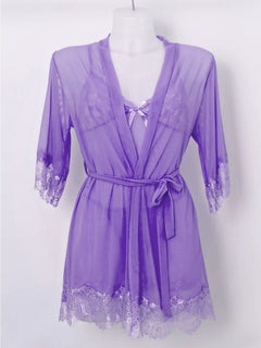 3-Piece Bow Lace See Through Babydoll Set Light Purple