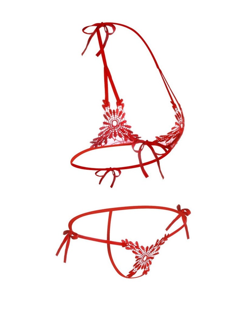 Generic - Hollow Out Secret Bra And Thong Set Red - Image 1