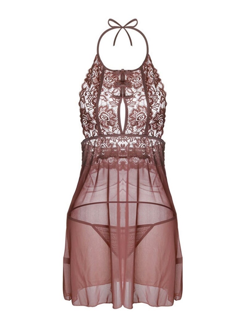 Backless Lace Patched Halter Neck Babydoll Lingerie Brown