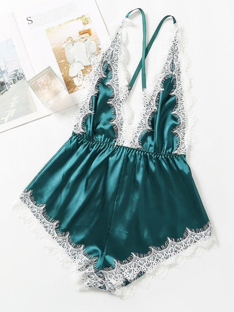 Lace Patched Backless Babydoll Green/White 