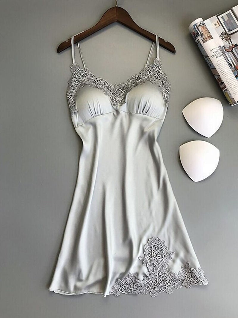 Generic Deep V-Neck Ice Silk Babydoll Sleepwear Silver 