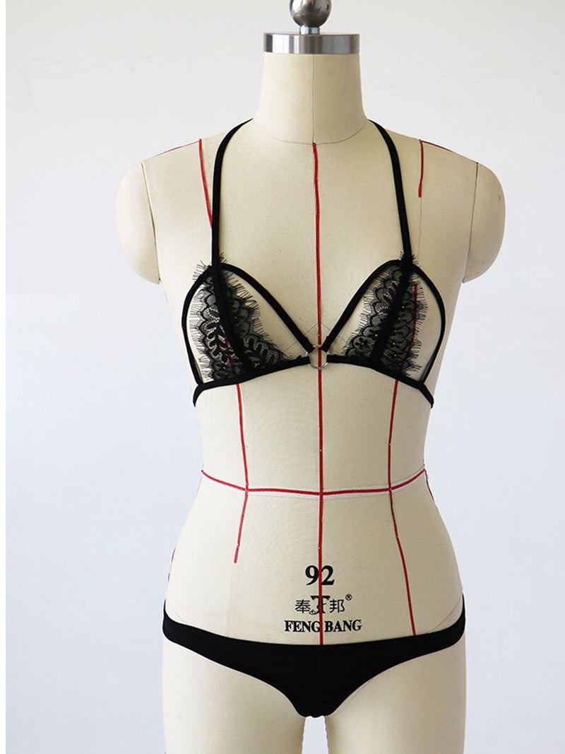 Generic - Hollow Out Push Up Bra Set Black - Image 1