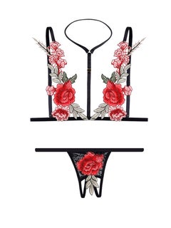 Rose Embroidery Hollow Out Secret Bra Thong Set Multicolour