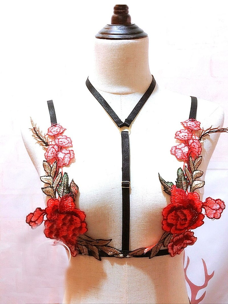 Generic - Rose Embroidery Hollow Out Secret Bra Thong Set Multicolour - Image 1