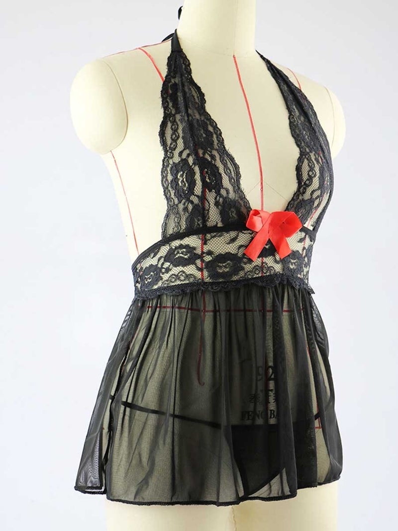 Lace Hollow Out Sleepwear Bow Babydoll Black - Image 3