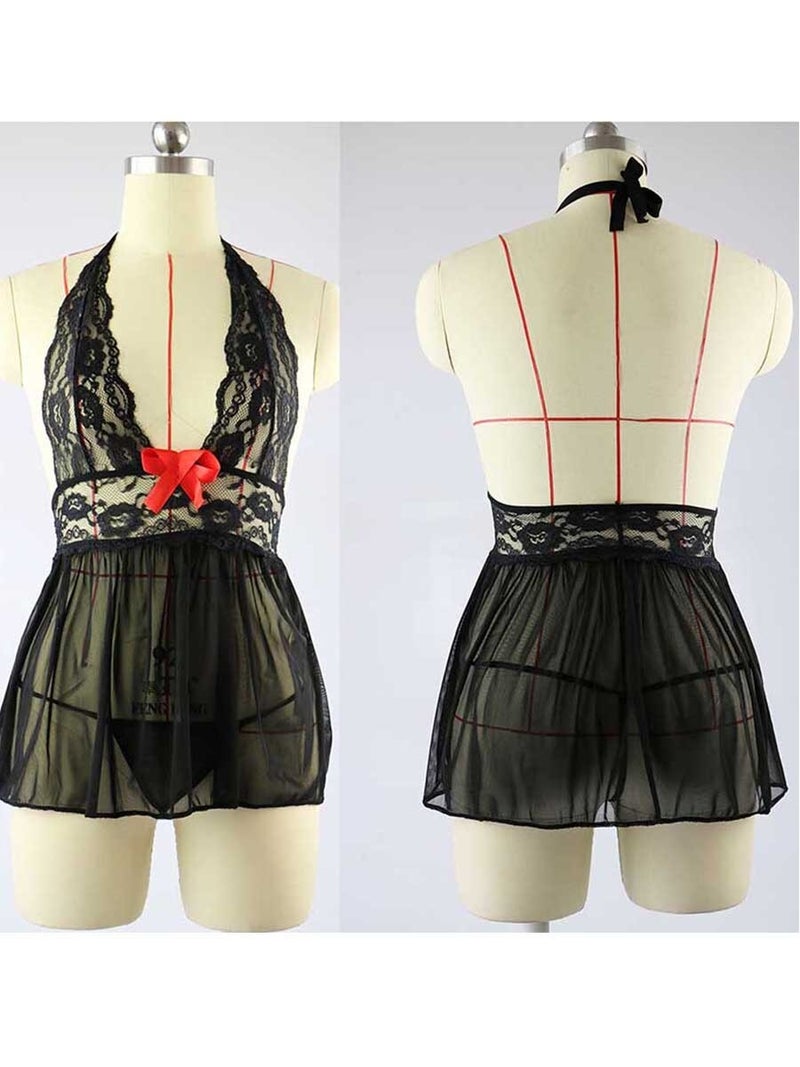 Lace Hollow Out Sleepwear Bow Babydoll Black - Image 2