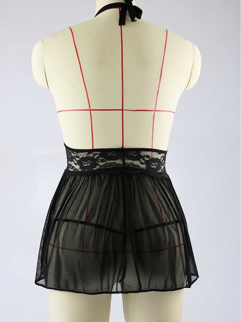 Lace Hollow Out Sleepwear Bow Babydoll Black - Image 4