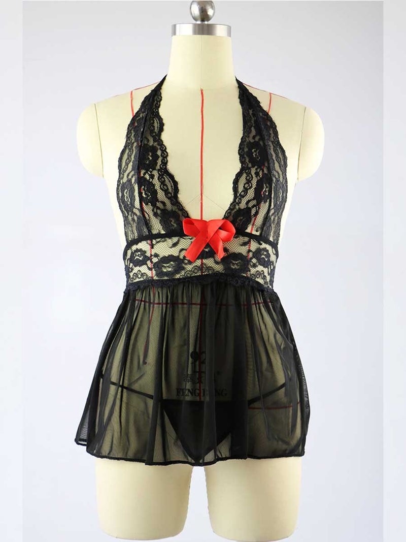 Lace Hollow Out Sleepwear Bow Babydoll Black - Image 1